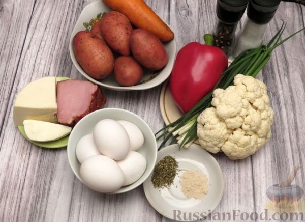 Фриттата с картошкой, цветной капустой, сыром и ветчиной (в духовке)