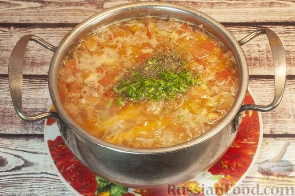 Куриный суп с капустой, рисом и помидорами